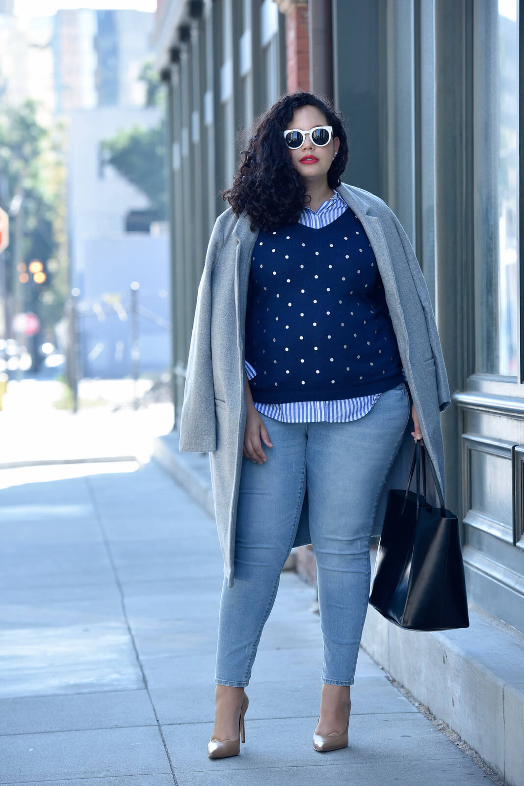 @GirlWithCurves featuring top, sweater, coat and jeans from Old Navy, Sunglasses from Asos, Shoes from Sam Edelman, and bag from Givenchy