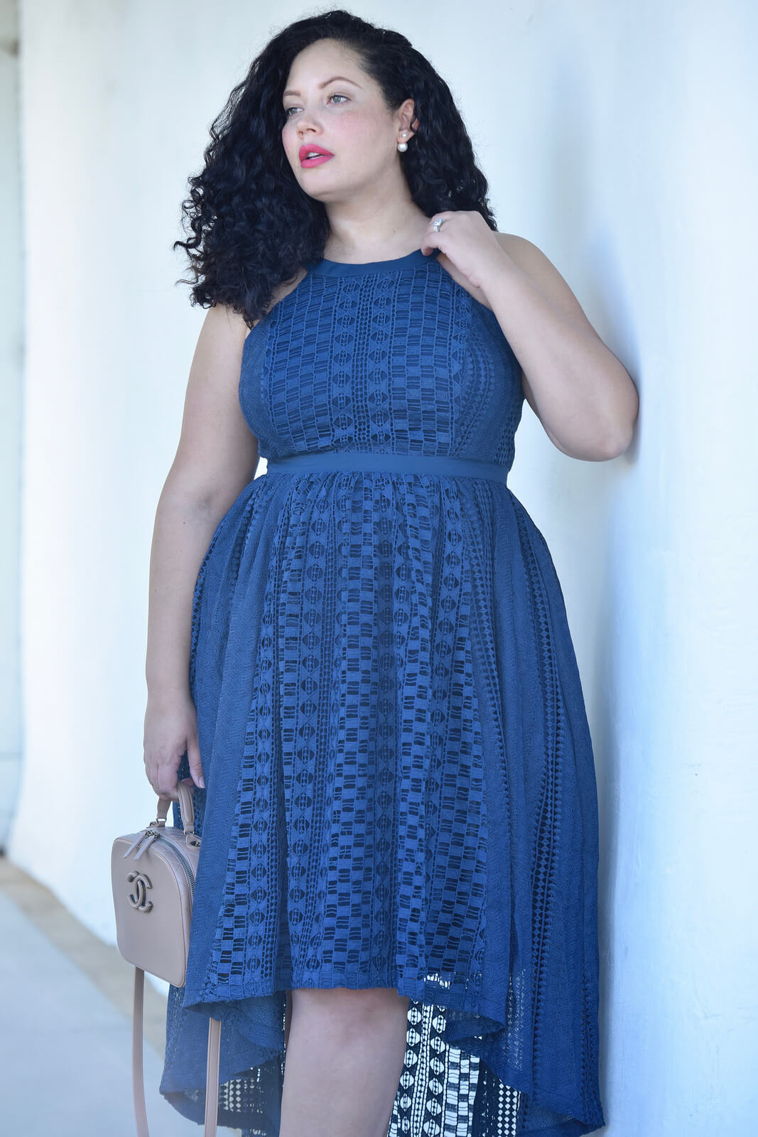 Lace high low dress by modcloth, wedding outfit, Chanel bag, Celine sunglasses, lipstick by Nars via @GirlWithCurves
