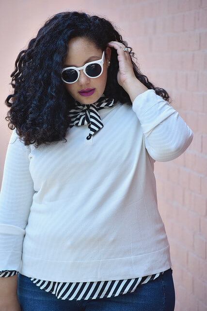 Styling Trick using Girl With Curves Collection, featuring Jackie Coat, Lucille Stripe Blouse, Grace Sweater, and Betty Jeans #plussize #plussizefashion #curvyfashion #curvystyle #girlwithcurves