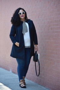 Styling Trick using Girl With Curves Collection, featuring Jackie Coat, Lucille Stripe Blouse, Grace Sweater, and Betty Jeans #plussize #plussizefashion #curvyfashion #curvystyle #girlwithcurves
