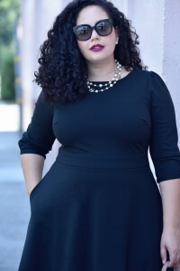 little black dress, fit and flare dress, black dress, black plus size dress, black midi dress, dress with pockets chanel bag, chanel necklace, celine sunglasses, girl with curves collection at dia & co via @GirlWithCurves