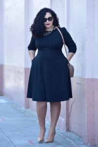 little black dress, fit and flare dress, black dress, black plus size dress, black midi dress, dress with pockets chanel bag, chanel necklace, celine sunglasses, girl with curves collection at dia & co via @GirlWithCurves
