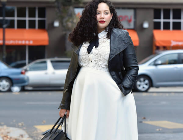 An Unexpected Pairing, Leather And Lace via @GirlWithCurves #ootd #plussiz